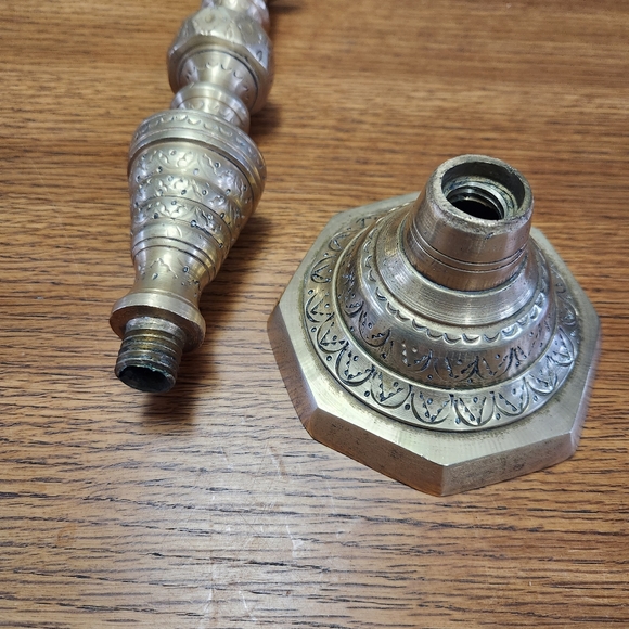 Antique Cast Brass Etched Candlestick Holder - Picture 6 of 11
